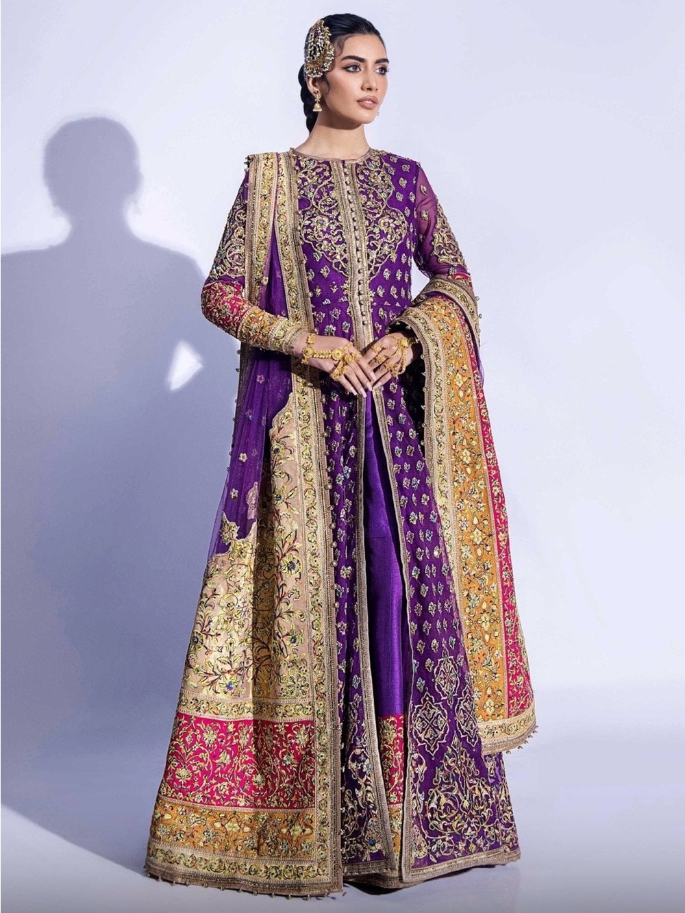 Purple Embroidered Long Sleeve Formal Dress with Gold Accents